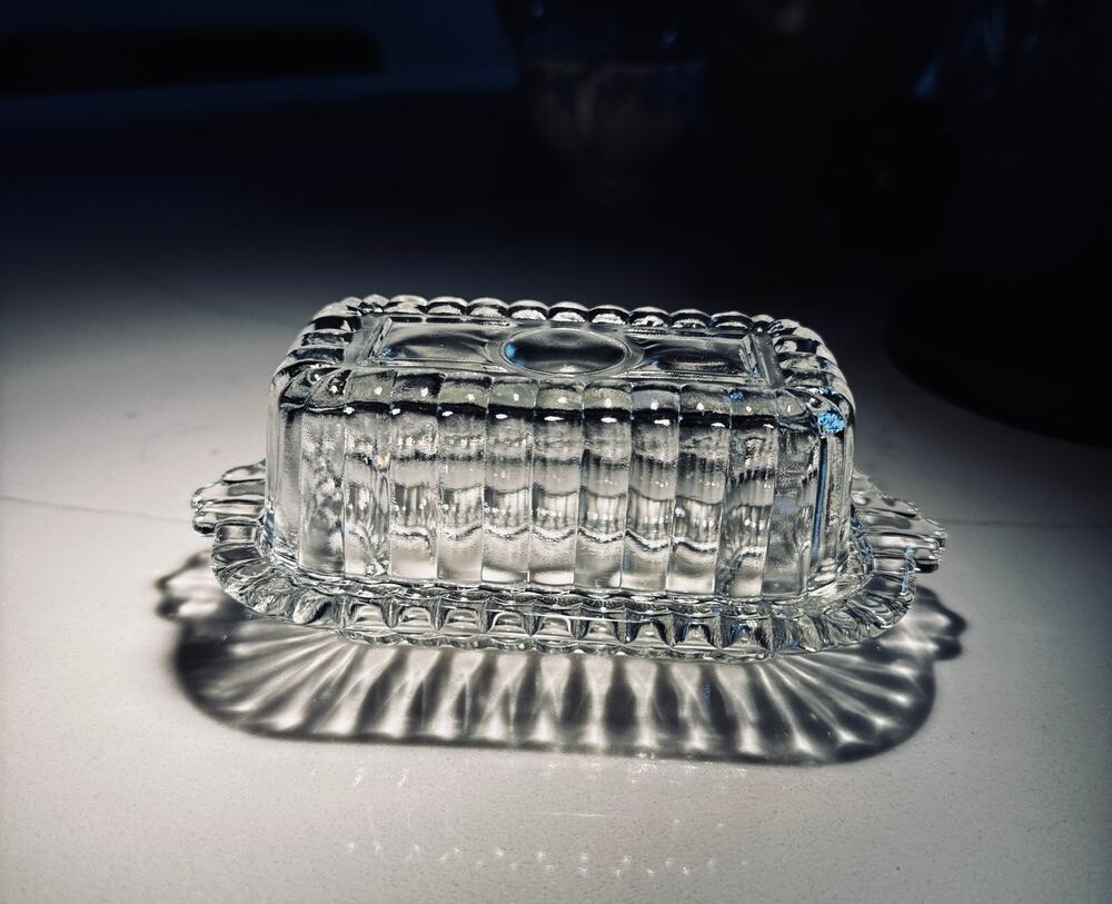 Vintage Hazel Atlas Glass Half Stick Butter Dish Lid Ribbed Deco Mini Small MCM